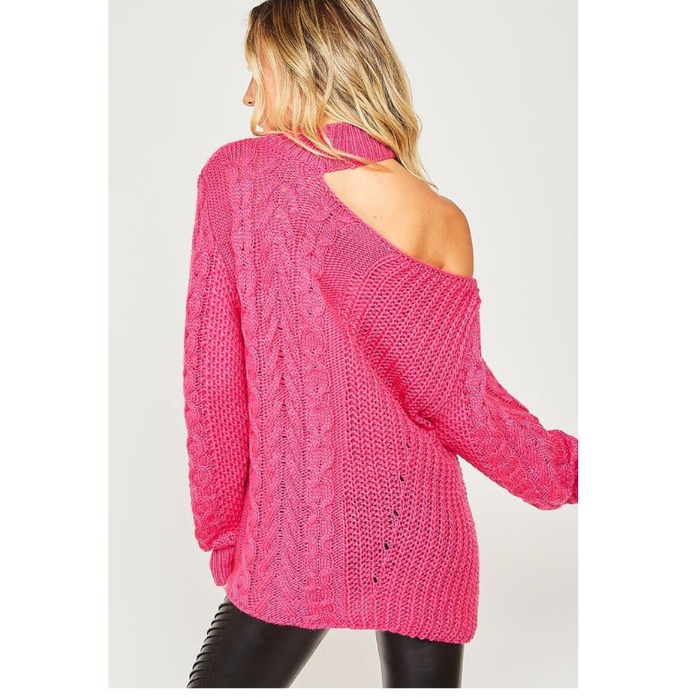 NEW Open Shoulder Choker Neck Chunky Cable Sweater - Picture 5 of 6
